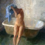 Jon Redmond, Nude Drying Hair, oil on board, 10 x 10 inches
