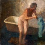 Jon Redmond, Nude Grabbing Towel, oil on board, 10 x 10 inches