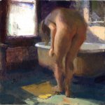 Jon Redmond, Nude with Mat, oil on board, 10 x 10 inches