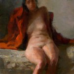 Jon Redmond, Nude Shedding Coat, oil on board, 10 x 10 inches