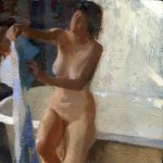 Jon Redmond, Nude with Towel, oil on board, 10 x 10 inches