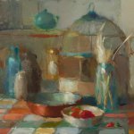 Christine Lafuente, Birdcage, Feather Quills, and Strawberries, 2013, oil on linen, 14 x 18 inches