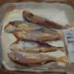 Christine Lafuente, Five FIsh, 2012, oil on board, 10 x 10 inches