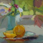 Christine Lafuente, Iris and Sliced Orange, oil on linen, 9 x 12 inches