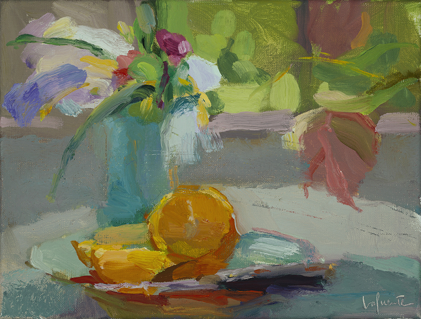 Christine Lafuente, Iris and Sliced Orange, oil on linen, 9 x 12 inches