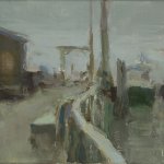 Christine Lafuente, Islesford Dock in Thick Fog, oil on linen, 9 x 12 inches