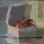 Christine Lafuente, Silver Knife and Vine Tomatoes, 2012, oil on linen, 5 x 7 inches