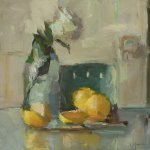 Christine Lafuente, Lemons and White Rose, 2012, oil on linen, 12 x 12 inches