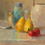 Christine Lafuente, Pears and Strawberries, oil on board, 6 x 6 inches
