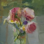 Christine Lafuente, Peonies in a Jar, oil on mounted linen, 12 x 12 inches