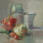 Christine Lafuente, Red Globe Grapes and Rose, 2012, oil on board, 10 x 10 inches