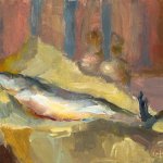 Christine Lafuente, Spanish Mackerel and Yellow Paper, oil on mounted linen, 11 x 14 inches