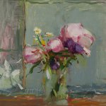 Christine Lafuente, Peonies, Yellow Flowers and Porch Detail, oil on board, 13 x 18 inches