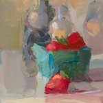 Christine Lafuente, Strawberries and Bottles, oil on board, 8 x 6 inches