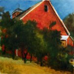 Wolf Kahn, Red Barn in New Hampshire Seen from Below, 2009, oil on canvas, 28 x 28 inches