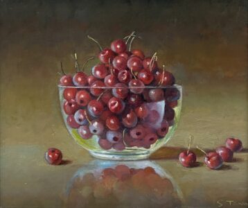 Stephen Tanis, Bowl of Cherries, 2024, Oil on canvas on panel, 9 x 12 inches
