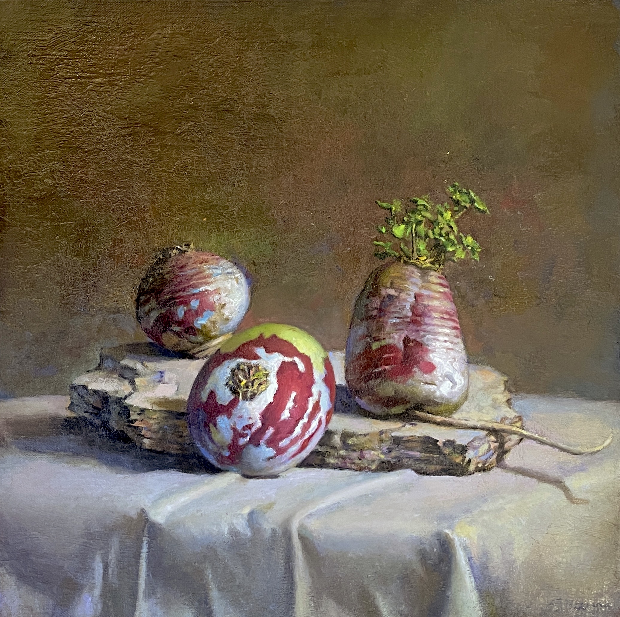Stephen Tanis, Turnips, 2025, Oil on panel, 15 x 15 inches