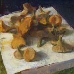 Jon Redmond, Chanterelles, oil on board, 10 x 10 inches