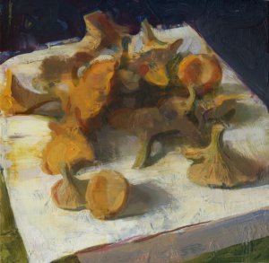 Jon Redmond, Chanterelles, oil on board, 10 x 10 inches