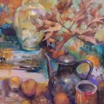 Jeff Moulton, Still Life with Teapot, mixed media on Bristol, 30 x 22 inches