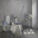 Jane Morris Pack, Preparing the Studio, 2013, oil on canvas, 15 3/4 x 15 3/4 inches