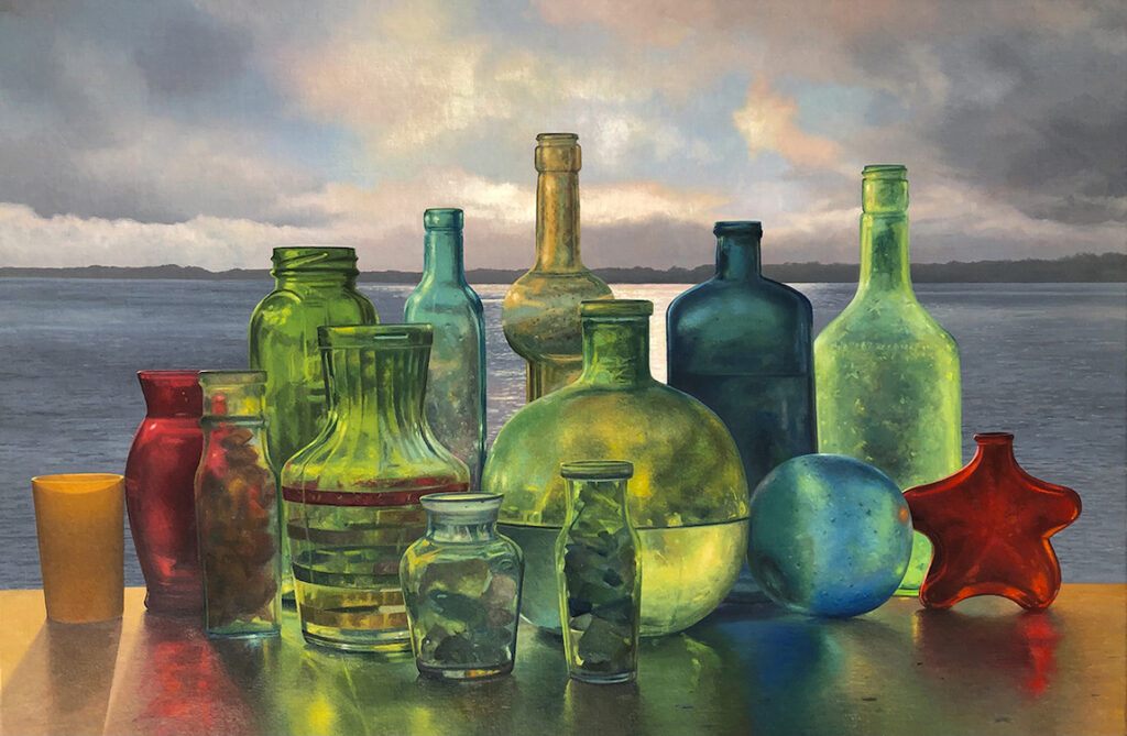 Scott Prior, Bottles by the Sea, 2021, Oil on canvas, 20 x 30 inches