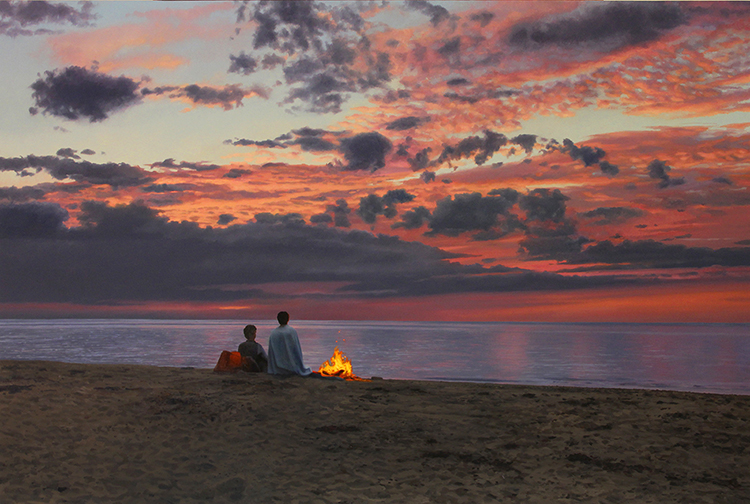 Scott Prior, Couple on the Beach at Sunset, 2015, Oil on panel, 24 x 36 inches