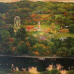 Scott Prior, Fairgrounds by the River, 2018, Oil on panel, 20 x 16 inches