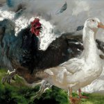 Jamie Wyeth, Angry Chicken, Puzzled Duck, 2008, combined mediums on toned paper board, 24 x 18 inches