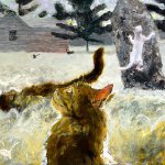 Jamie Wyeth, Birding, Fifth in a suite of untoward events on Monhegan Island, 2014, combined mediums on board, 39 1/2 x 19 1/2 inches