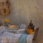 Michael Doyle, Still Life with Oranges and Guitar, 2014, oil on linen, 36 x 36 inches