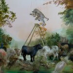 Sarah McRae Morton, Paper Leopards after Peacable Kingdom by Edward Hicks, 2018, Oil on linen, 30 x 40 inches