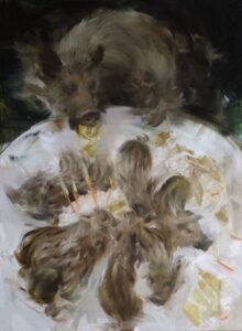 Sarah McRae Morton, Scratch Cake, Trick Candles, Wild Lemon, 2022, Oil on linen, 40 x 30 inches