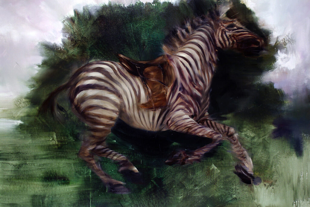 Sarah McRae Morton, The Archer and the Last Green Quagga, 2020, Oil on linen, 48 x 72 inches