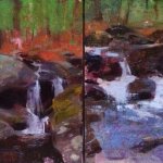 Jon Redmond, Brook Diptych, 2015, oil on board, 10 x 20 inches