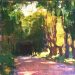 Jon Redmond, Dirt Road Triptych, 2015, oil on board, 10 x 30 inches