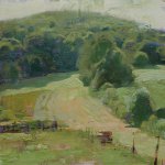 Jon Redmond, Mowing, 2015, oil on board, 10 x 10 inches