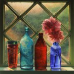 Scott Prior, Peonies in June Window, 2015, oil on panel, 13 1/2 x 15 inches