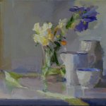 Christine Lafuente, Freesia, Iris, and Ribbon, 2015, oil on linen, 12 x 16 inches