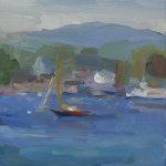 Christine Lafuente, Harbor with Black and Red Sailboat, 2015, oil on linen, 8 x 8 inches