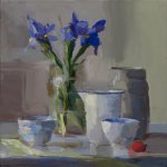 Christine Lafuente, Iris, Jars and Strawberry, 2015, oil on linen, 12 x 12 inches