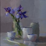 Christine Lafuente, Iris, Jars, and Teacup, 2015, oil on linen, 16 x 16 inches