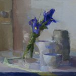 Christine Lafuente, Iris, Ribbon, and Old Door, 2015, oil on linen, 12 x 16 inches