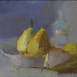 Christine Lafuente, Pears and Bottle, 2015, oil on linen, 8 x 10 inches