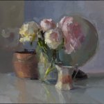 Christine Lafuente, Peonies, Globe, and Copper Pot, 2015, oil on linen, 18 x 24 inches
