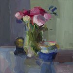 Christine Lafuente, Peonies, Teacups, and Clock, 2015, oil on linen, 16 x 16 inches