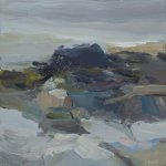 Christine Lafuente, Rising Tide, Fog and Rocks, 2015, oil on linen, 10 x 10 inches