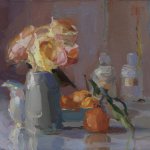 Christine Lafuente, Roses, Bottles, and Oranges, 2015, oil on linen, 11 x 14 inches