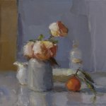 Christine Lafuente, Roses and Mandarin Orange, 2015, oil on linen, 14 x 16 inches