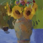 Christine Lafuente, Sunflowers in an Urn, End of Summer, 2015, oil on linen, 12 x 9 inches